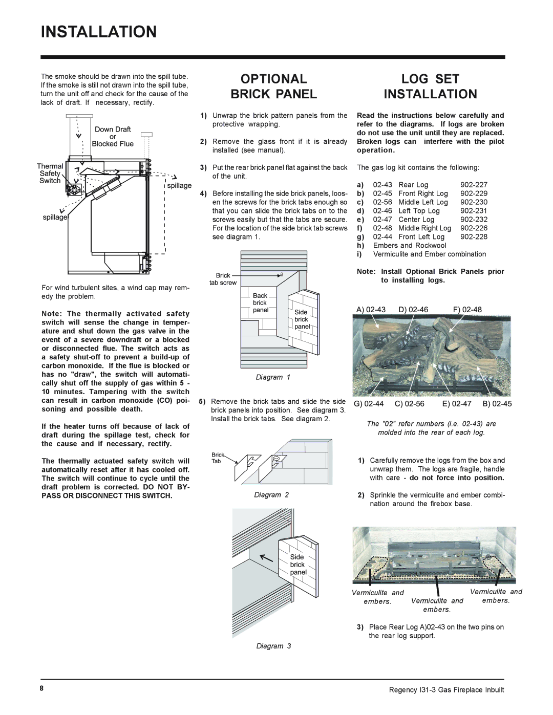 Regency I31-NG3, I31-LPG3 installation manual Optional Brick Panel, LOG SET Installation, Vermiculite Embers 