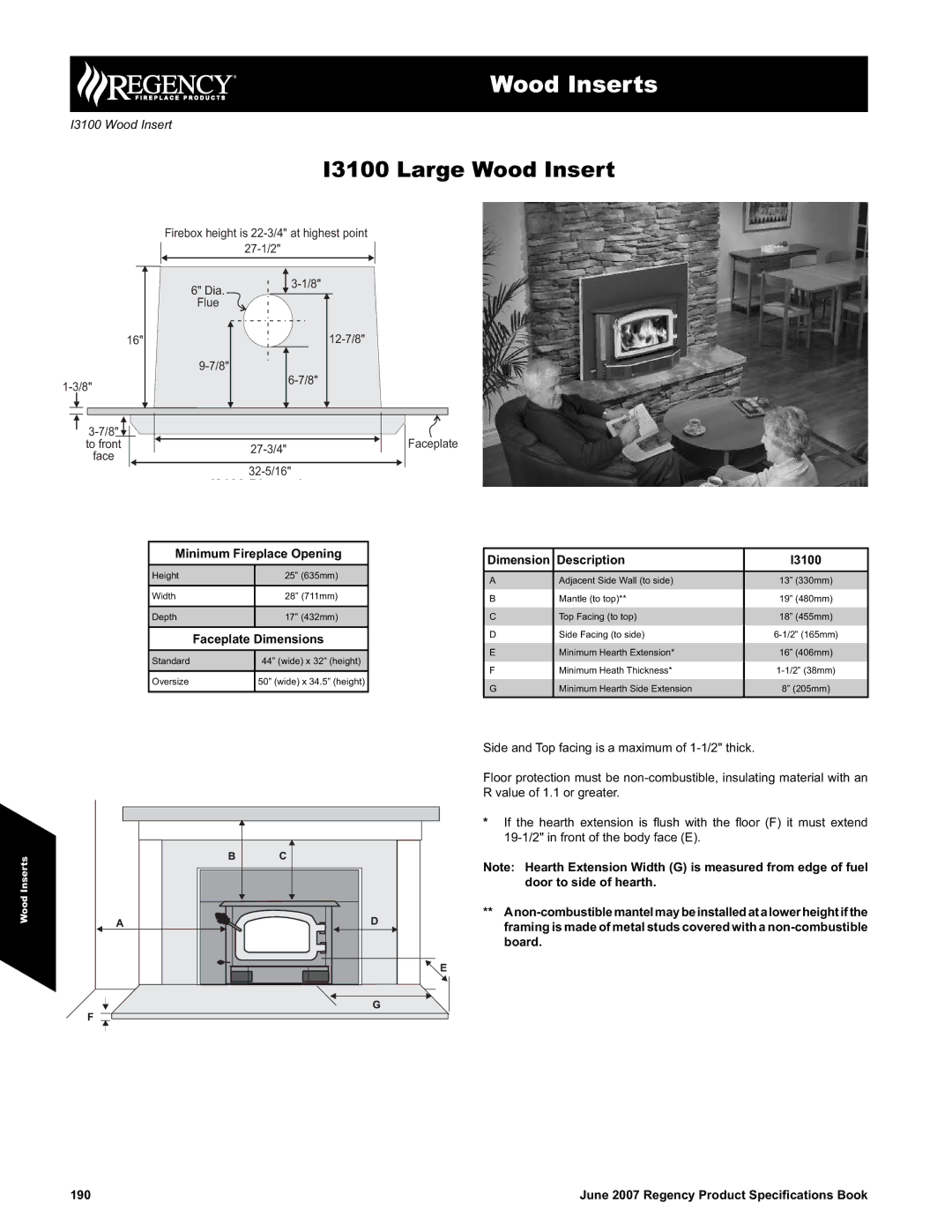 Regency specifications Wood Inserts, I3100 Large Wood Insert 