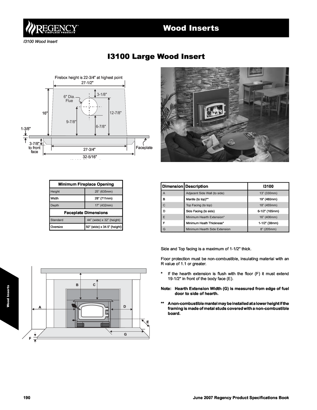 Regency specifications Wood Inserts, I3100 Large Wood Insert, I3100 Wood Insert, Minimum Fireplace Opening, Description 
