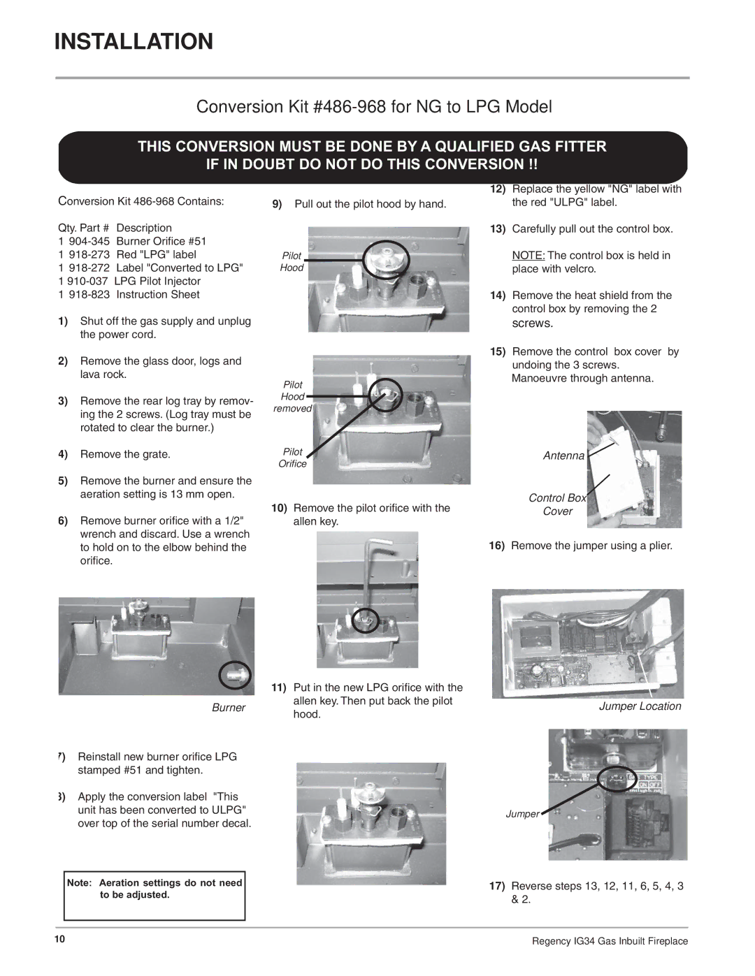 Regency IG34-NG, IG34-ULPG, IG34-LPG installation manual Conversion Kit #486-968 for NG to LPG Model 