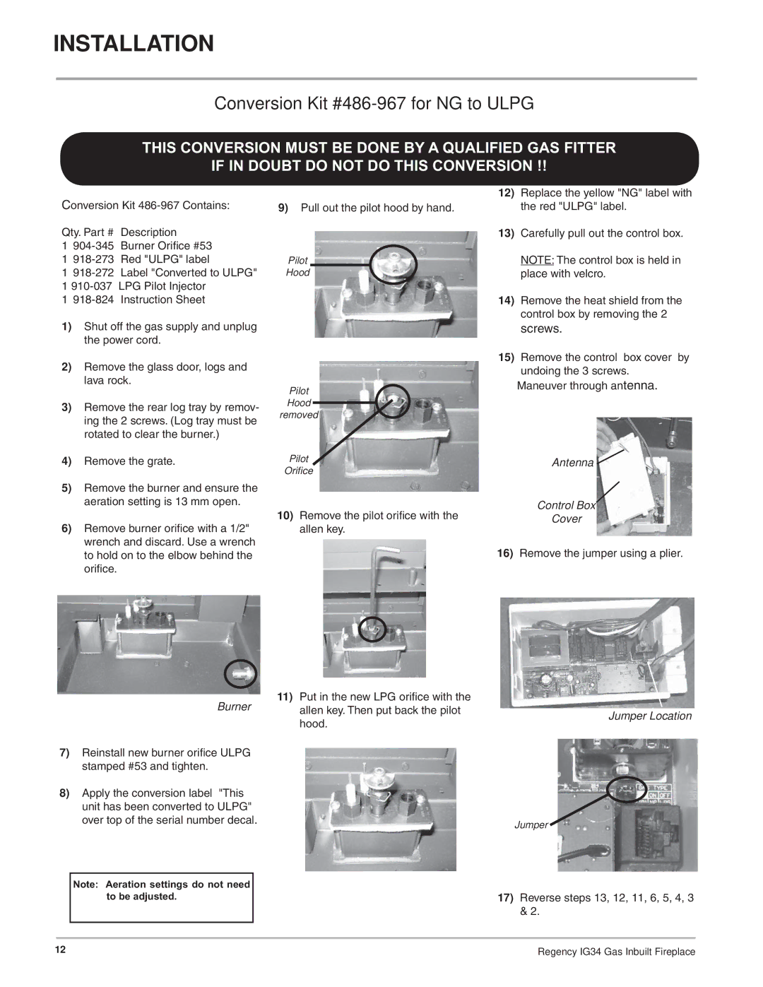 Regency IG34-ULPG, IG34-NG, IG34-LPG installation manual Conversion Kit #486-967 for NG to Ulpg 