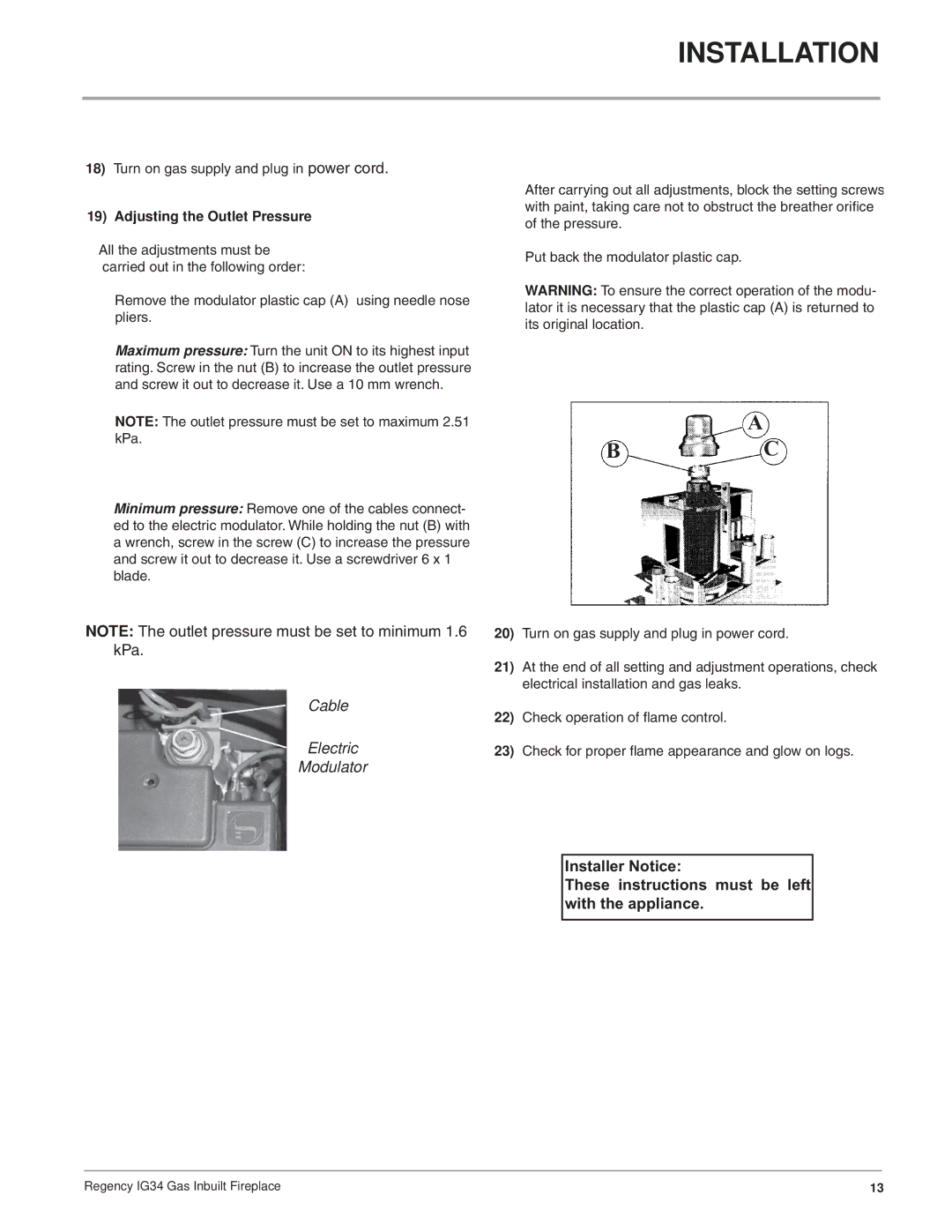 Regency IG34-NG, IG34-ULPG, IG34-LPG installation manual Installation 