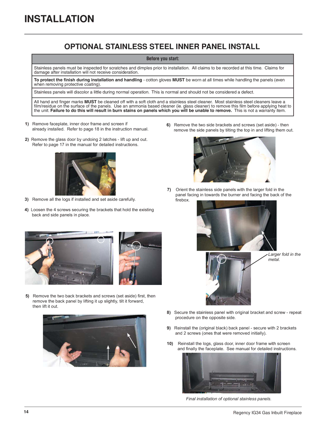 Regency IG34-LPG, IG34-ULPG, IG34-NG installation manual Optional Stainless Steel Inner Panel Install, Before you start 