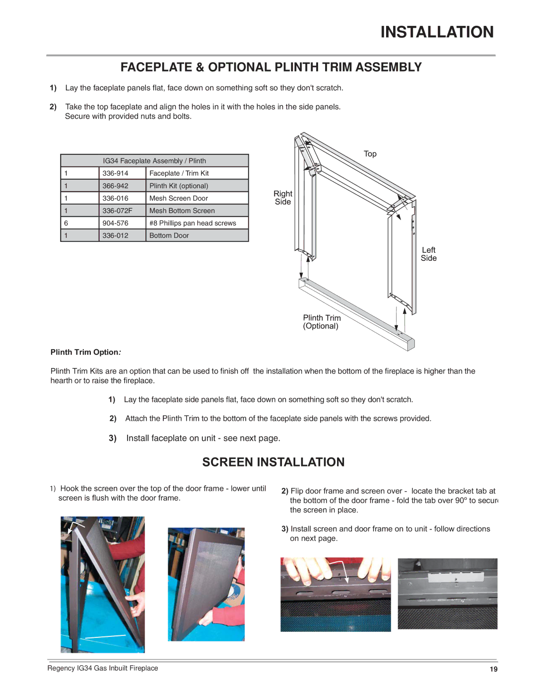 Regency IG34-NG, IG34-ULPG, IG34-LPG installation manual Faceplate & Optional Plinth Trim Assembly, Screen Installation 