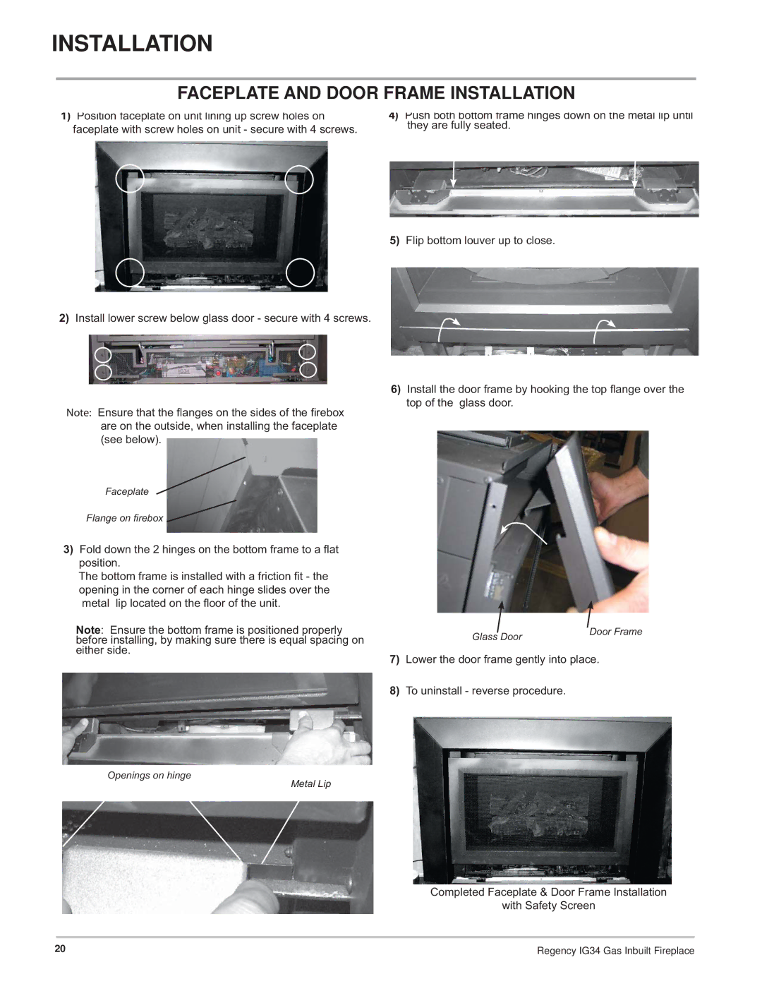 Regency IG34-LPG, IG34-ULPG, IG34-NG installation manual Faceplate and Door Frame Installation 