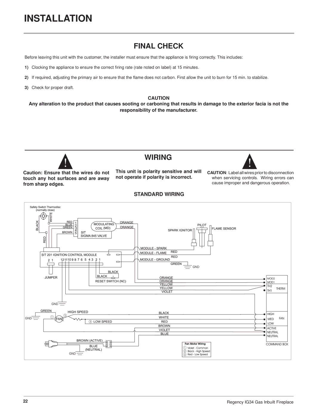 Regency IG34-NG, IG34-ULPG, IG34-LPG installation manual Final Check, Wiring 