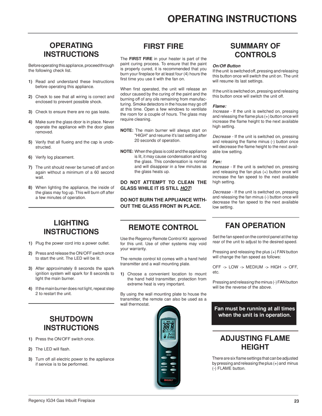 Regency IG34-LPG, IG34-ULPG, IG34-NG installation manual Operating Instructions 