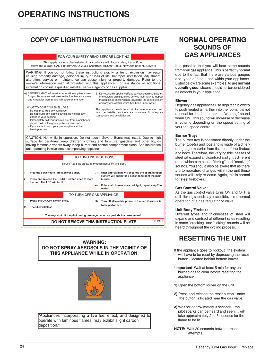 Regency IG34-ULPG, IG34-NG Copy of Lighting Instruction Plate, Normal Operating Sounds GAS Appliances, Resetting the Unit 