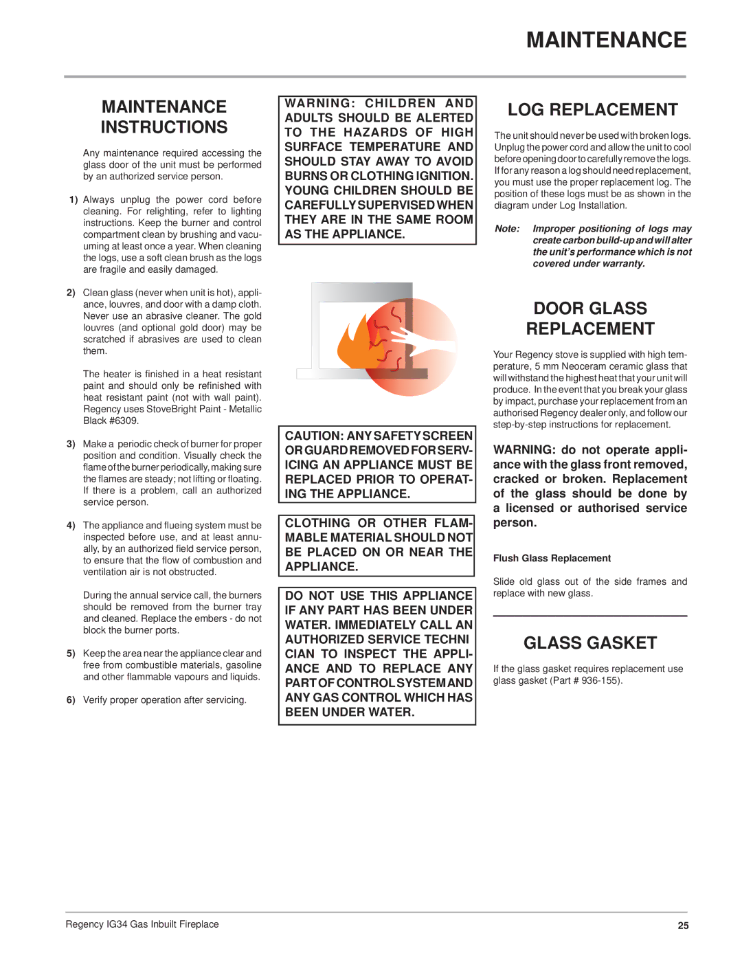 Regency IG34-NG, IG34-ULPG, IG34-LPG Maintenance Instructions, LOG Replacement, Door Glass Replacement, Glass Gasket 