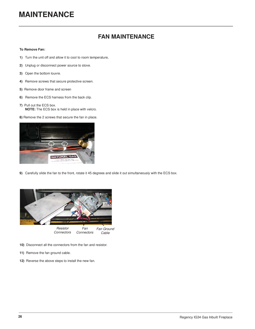 Regency IG34-LPG, IG34-ULPG, IG34-NG installation manual FAN Maintenance, To Remove Fan 