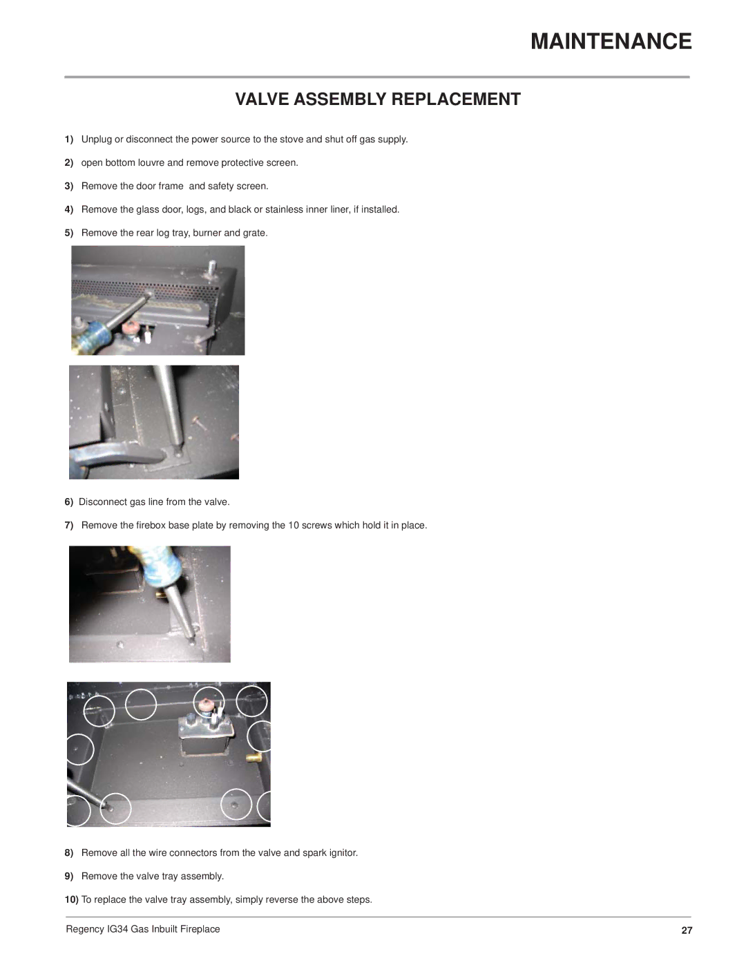 Regency IG34-ULPG, IG34-NG, IG34-LPG installation manual Valve Assembly Replacement 