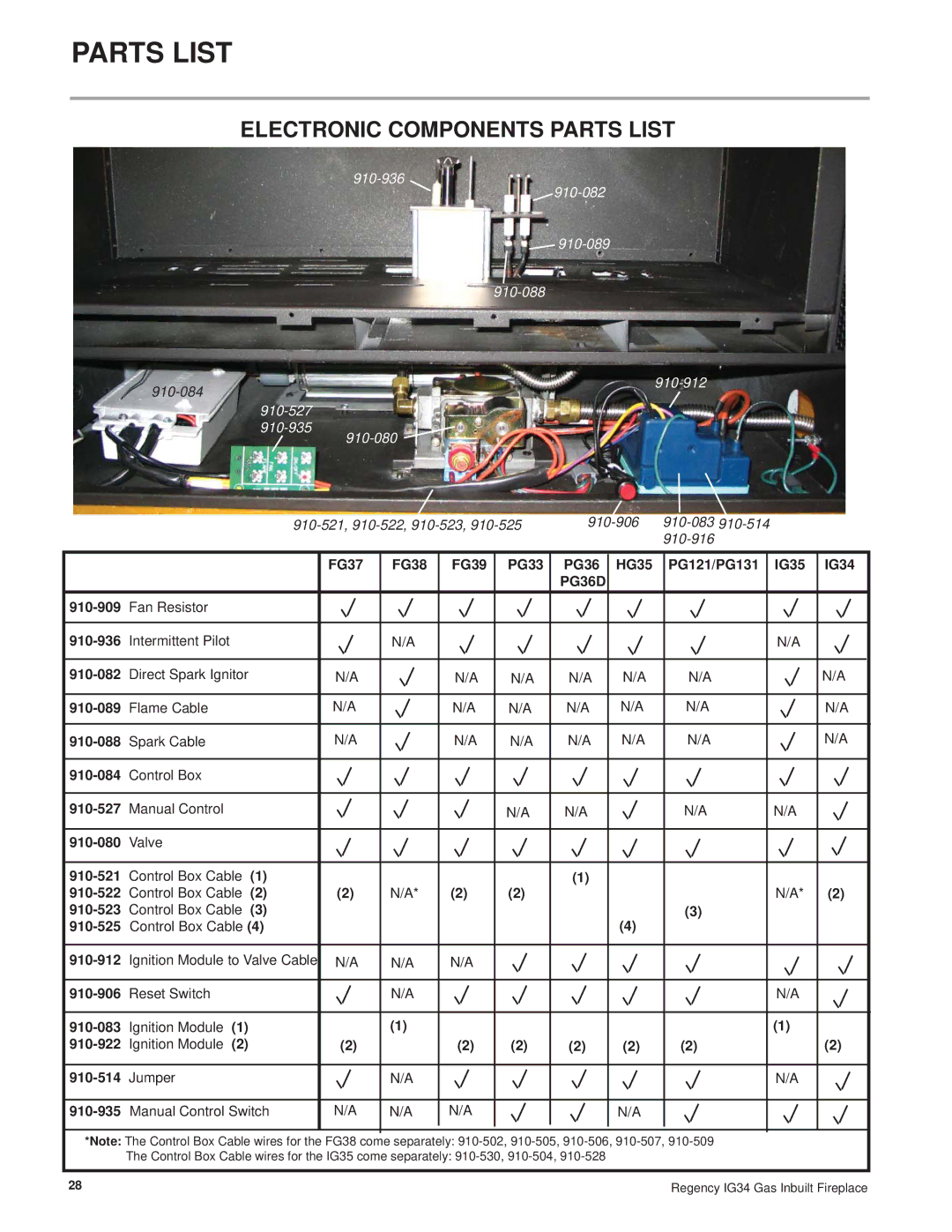 Regency IG34-NG, IG34-ULPG, IG34-LPG installation manual Electronic Components Parts List 