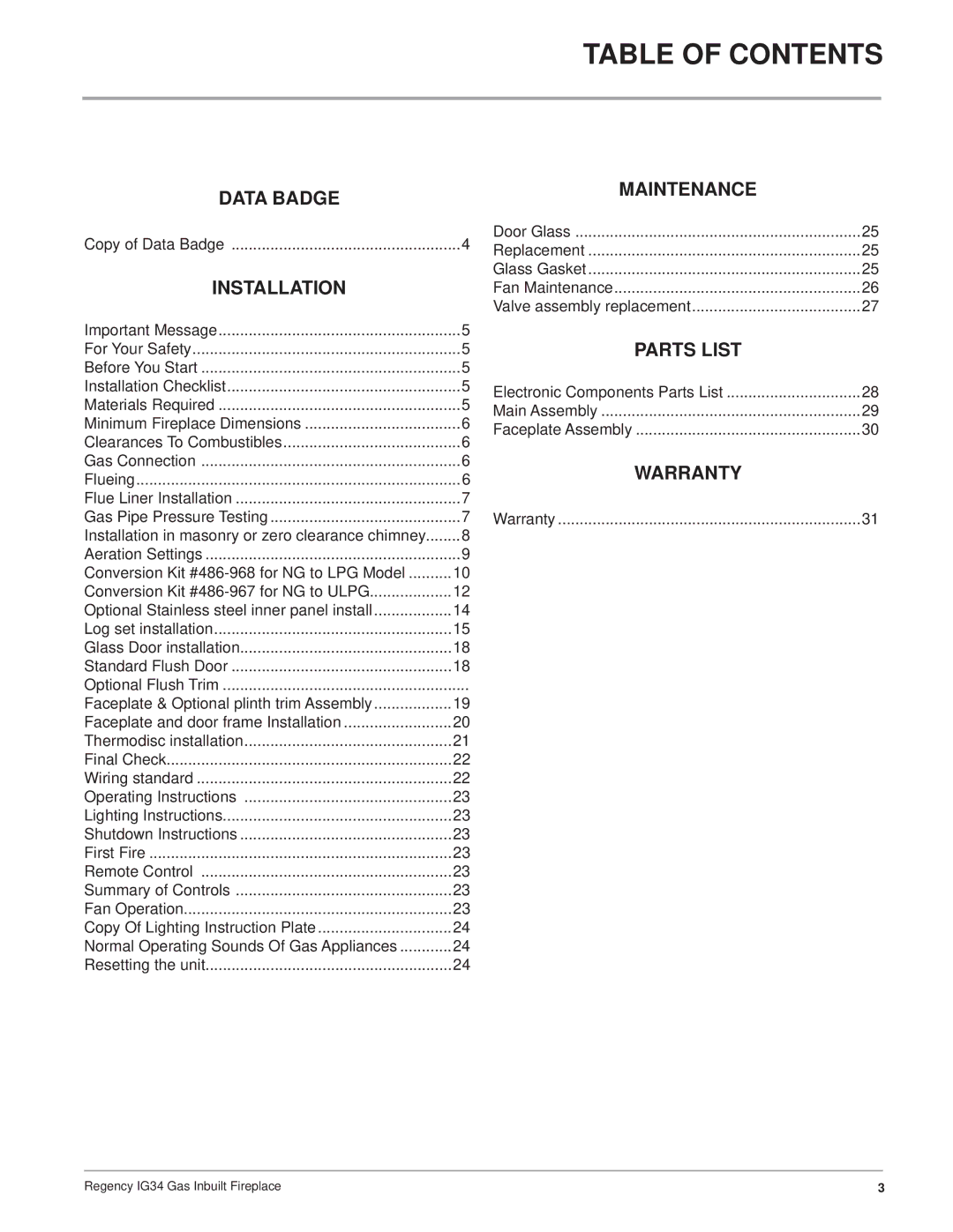 Regency IG34-ULPG, IG34-NG, IG34-LPG installation manual Table of Contents 