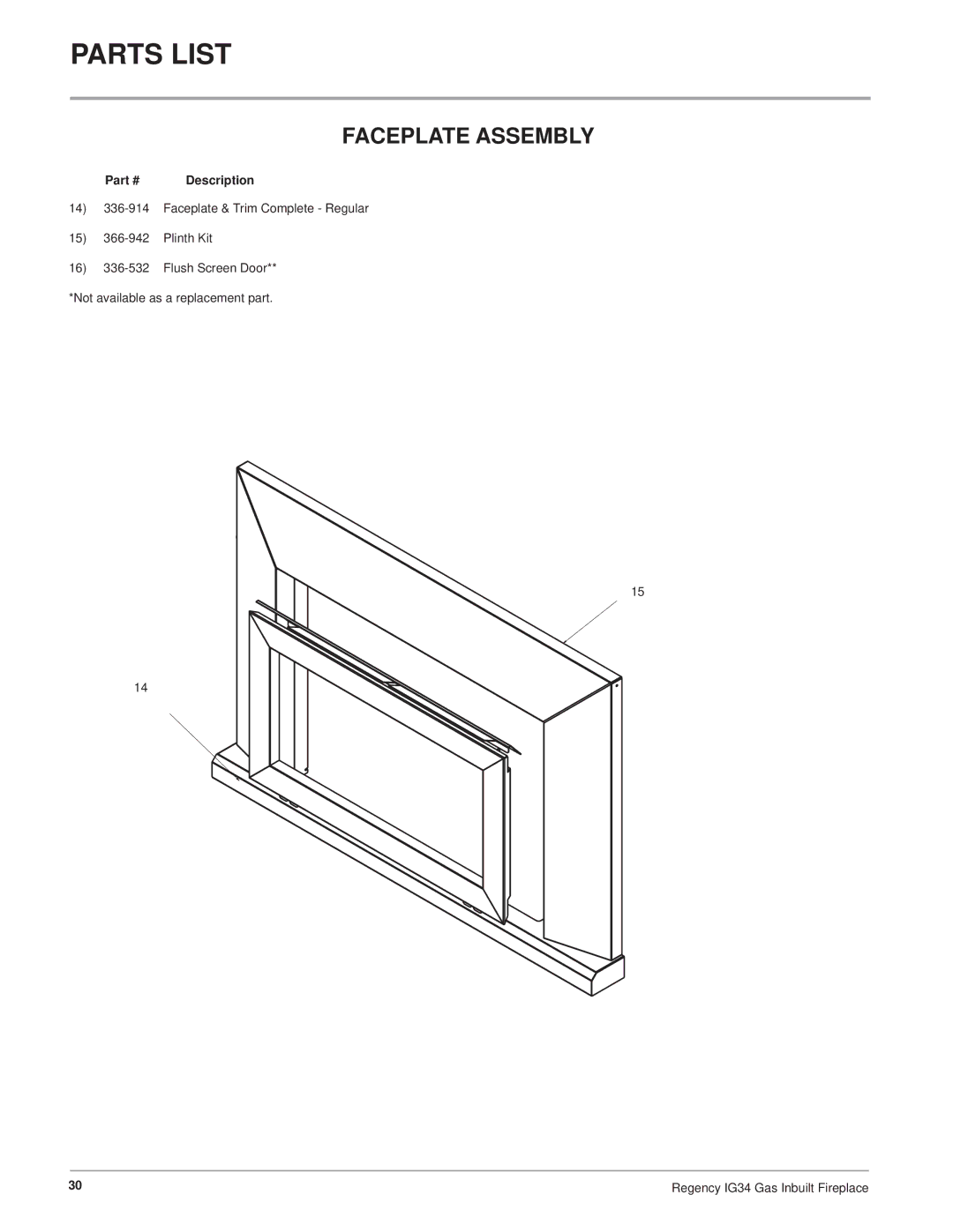 Regency IG34-ULPG, IG34-NG, IG34-LPG installation manual Faceplate Assembly 