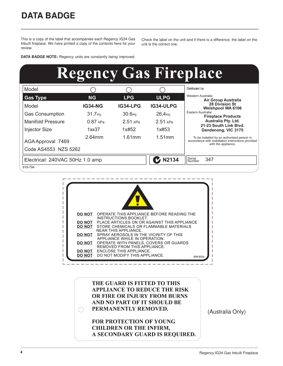 Regency IG34-NG, IG34-ULPG, IG34-LPG installation manual Regency Gas Fireplace, Data Badge 