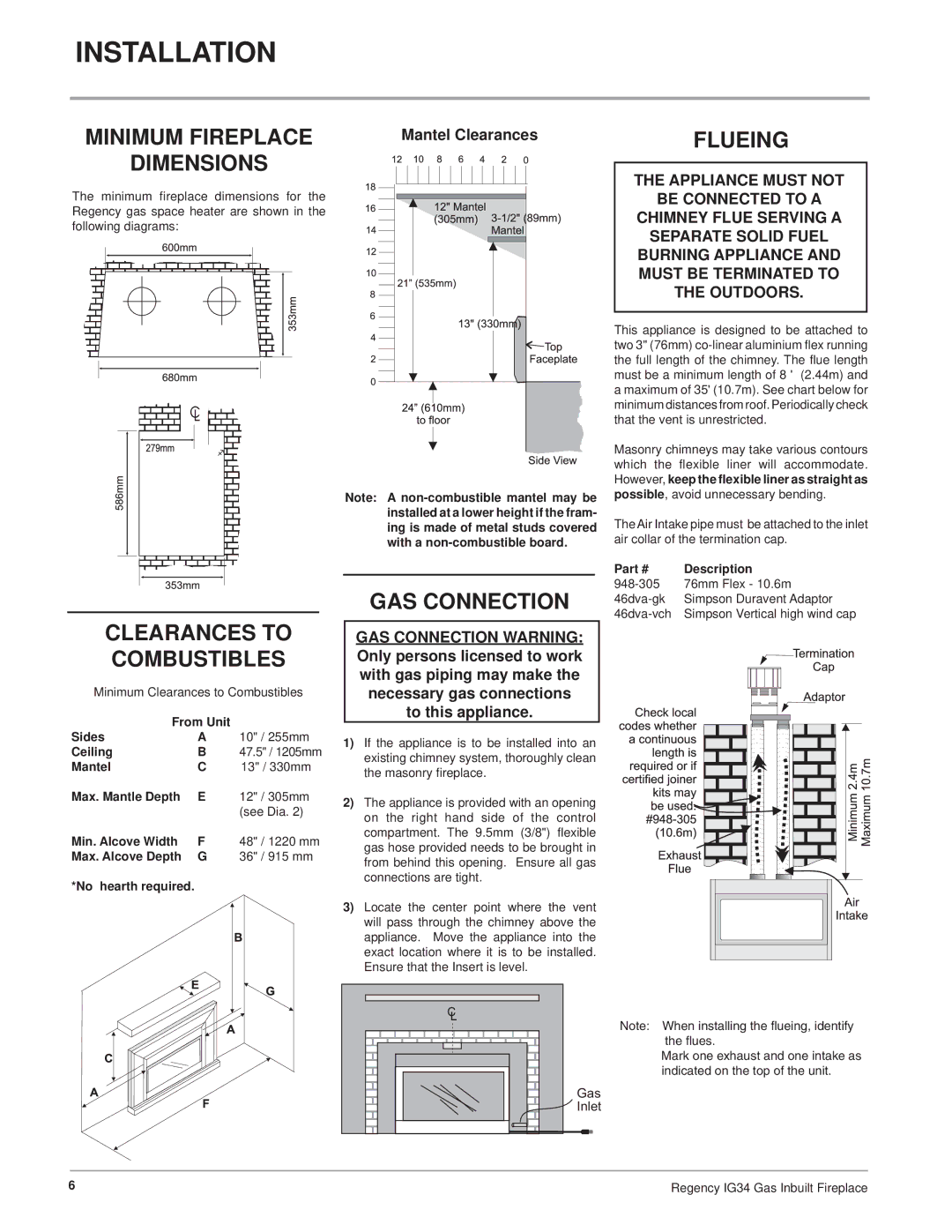 Regency IG34-ULPG, IG34-NG, IG34-LPG Minimum Fireplace Dimensions, Clearances to Combustibles, GAS Connection 