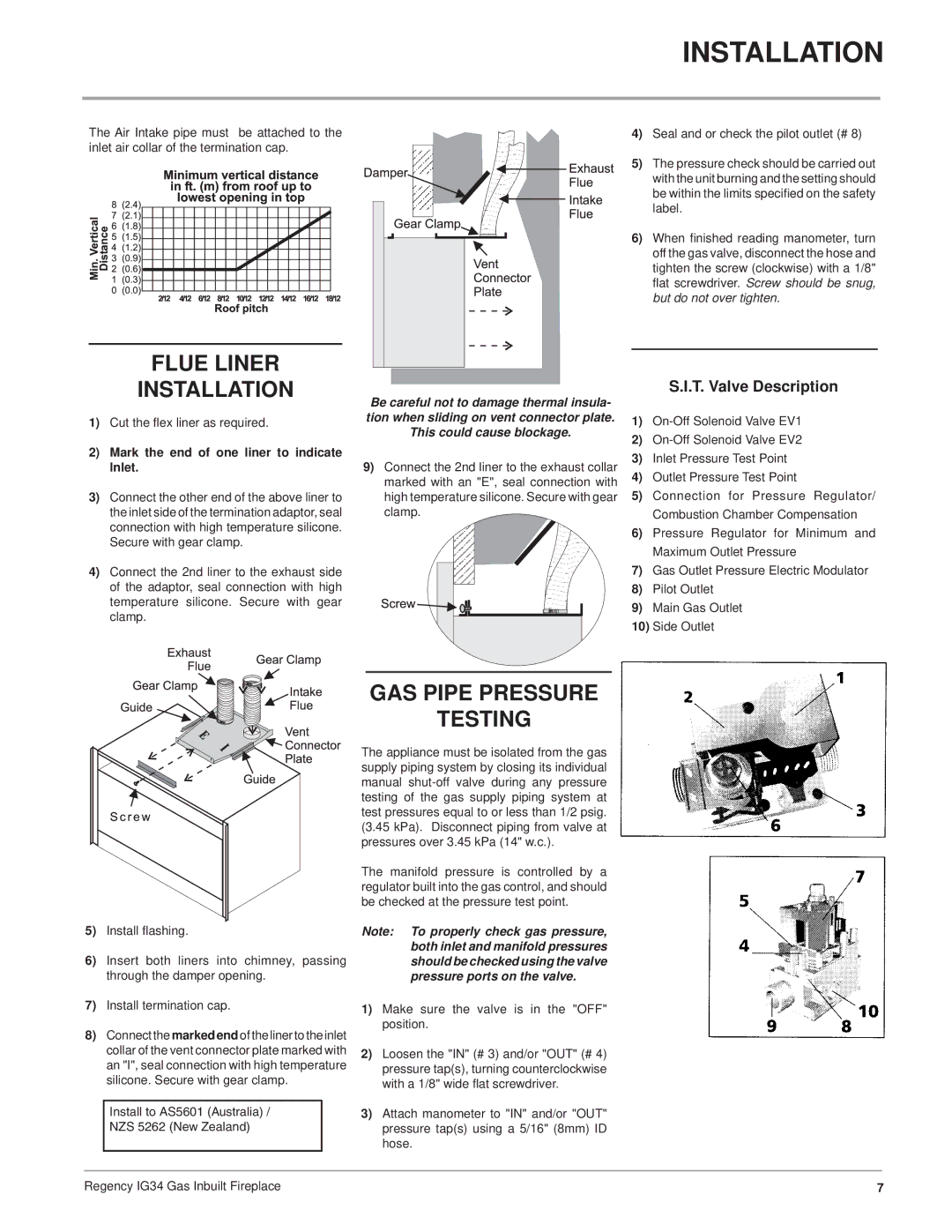 Regency IG34-NG, IG34-ULPG, IG34-LPG installation manual Flue Liner Installation, GAS Pipe Pressure Testing 