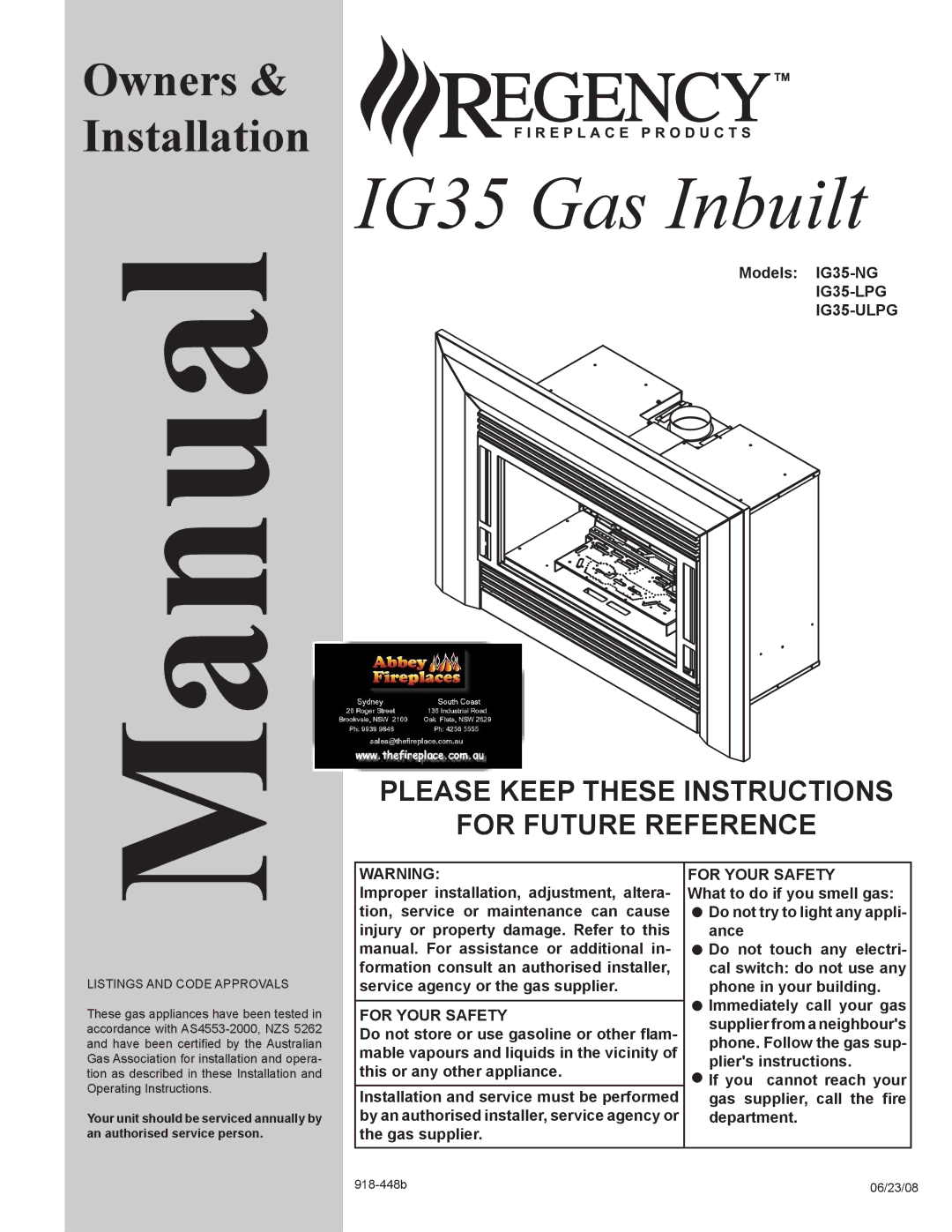 Regency IG35-NG, IG35-LPG, IG35-ULPG installation manual Manual, Please Keep These Instructions For Future Reference 