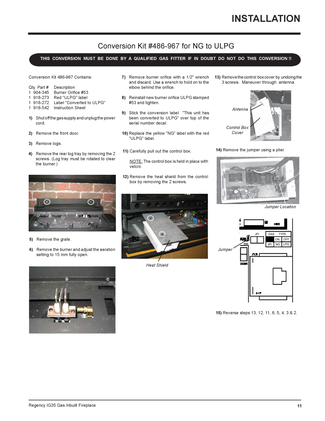 Regency IG35-ULPG, IG35-LPG, IG35-NG installation manual Conversion Kit #486-967 for NG to Ulpg 