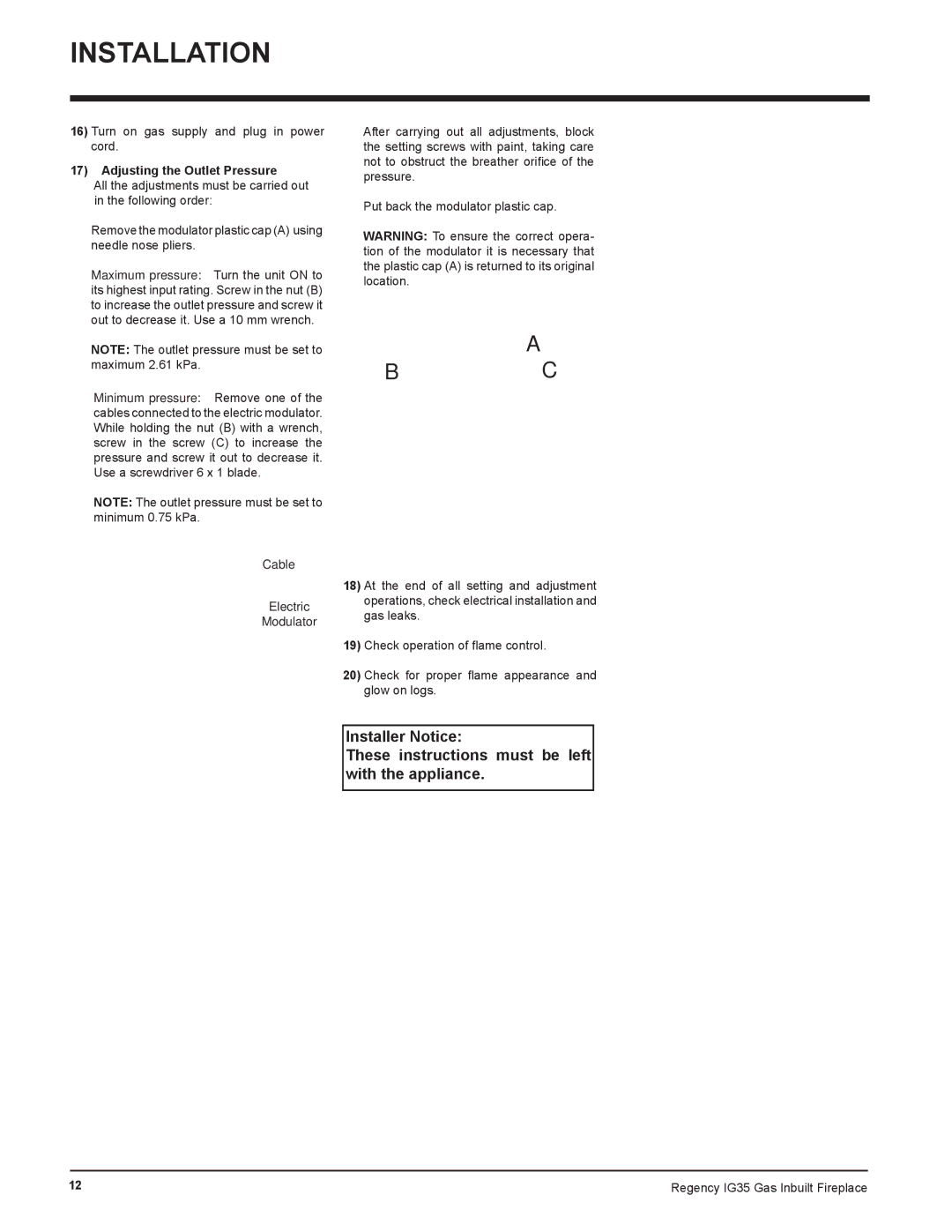 Regency IG35-LPG, IG35-NG, IG35-ULPG installation manual Installation 