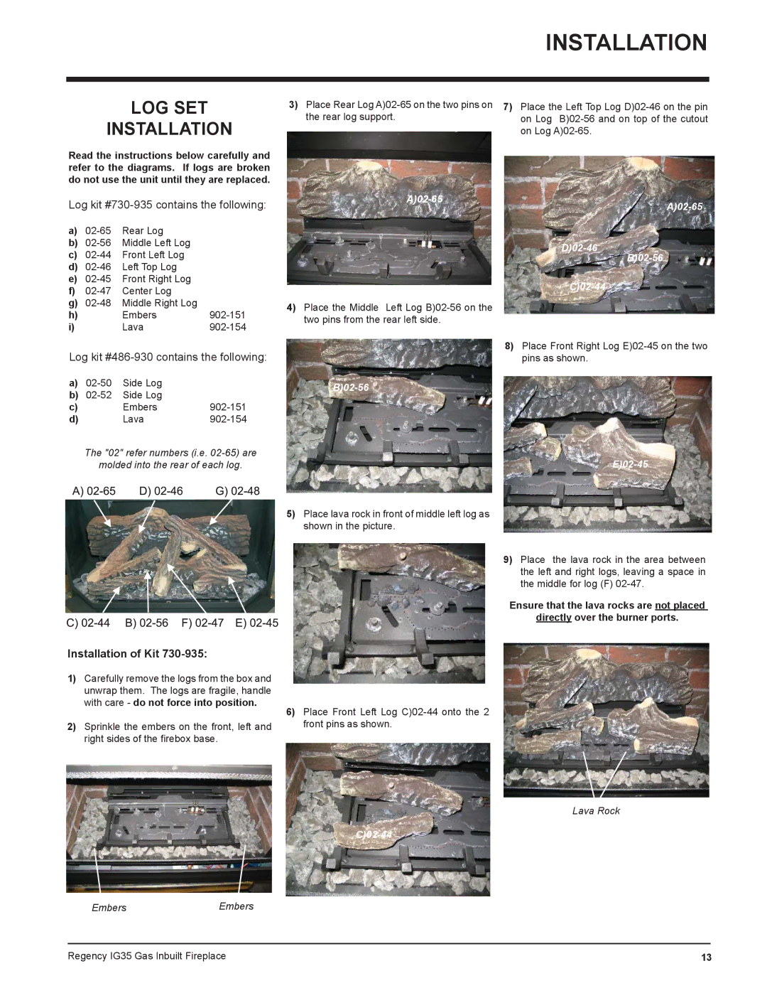 Regency IG35-NG, IG35-LPG, IG35-ULPG installation manual LOG SET Installation, Lava Rock, EmbersEmbers 