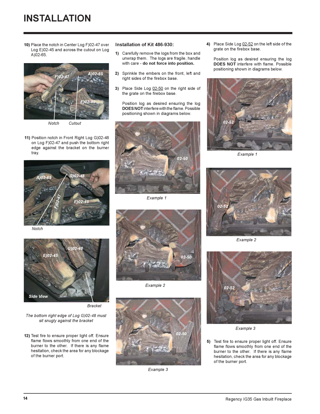 Regency IG35-ULPG, IG35-LPG, IG35-NG installation manual With care do not force into position, Notch Cutout, Example 