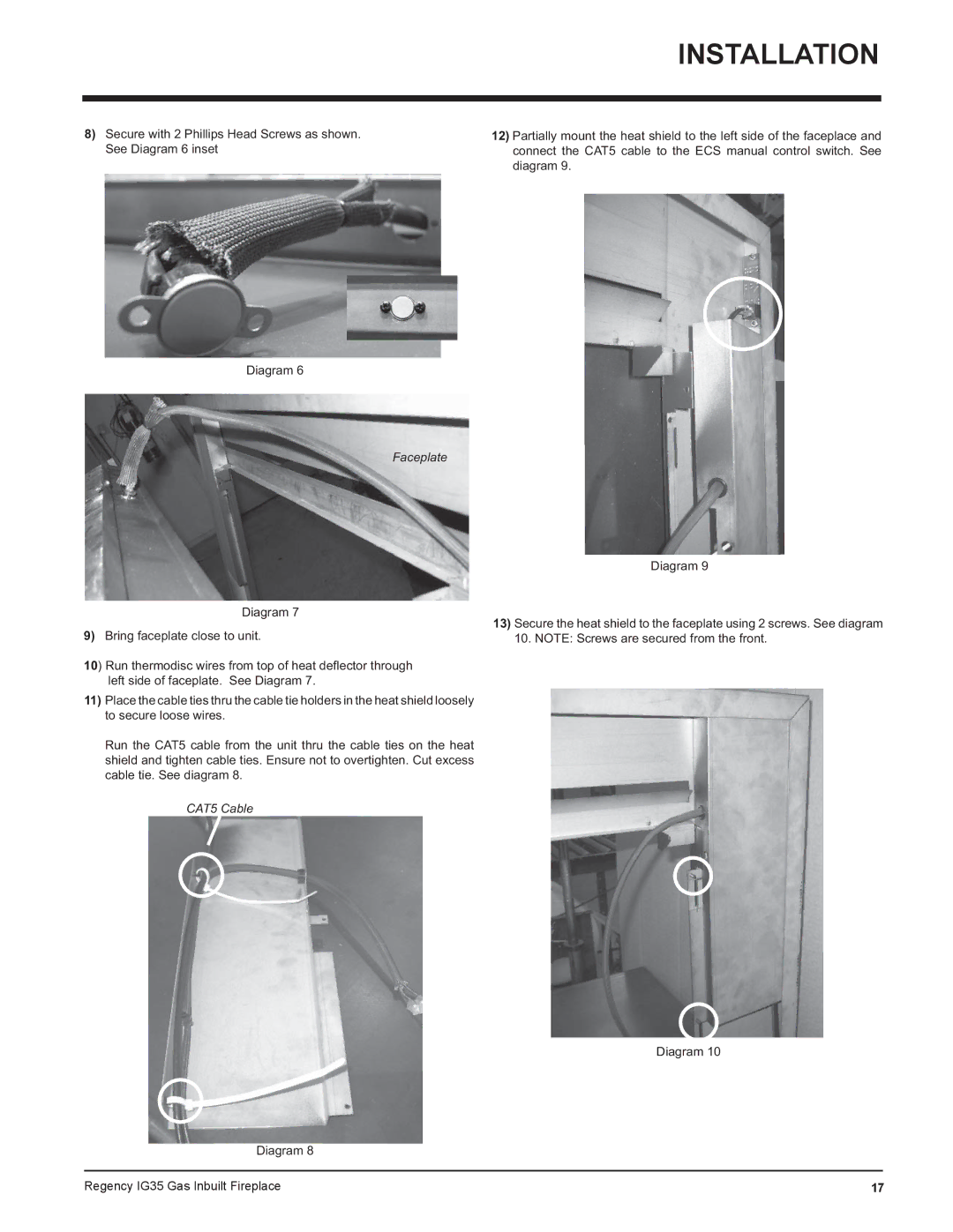 Regency IG35-ULPG, IG35-LPG, IG35-NG installation manual Faceplate, CAT5 Cable 