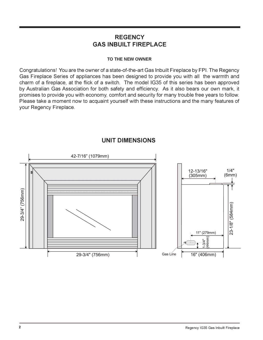 Regency IG35-ULPG, IG35-LPG, IG35-NG Regency GAS Inbuilt Fireplace, Unit Dimensions, Regency IG35 Gas Inbuilt Fireplace 