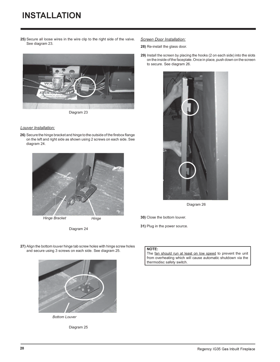 Regency IG35-ULPG, IG35-LPG, IG35-NG installation manual Hinge Bracket, Bottom Louver 