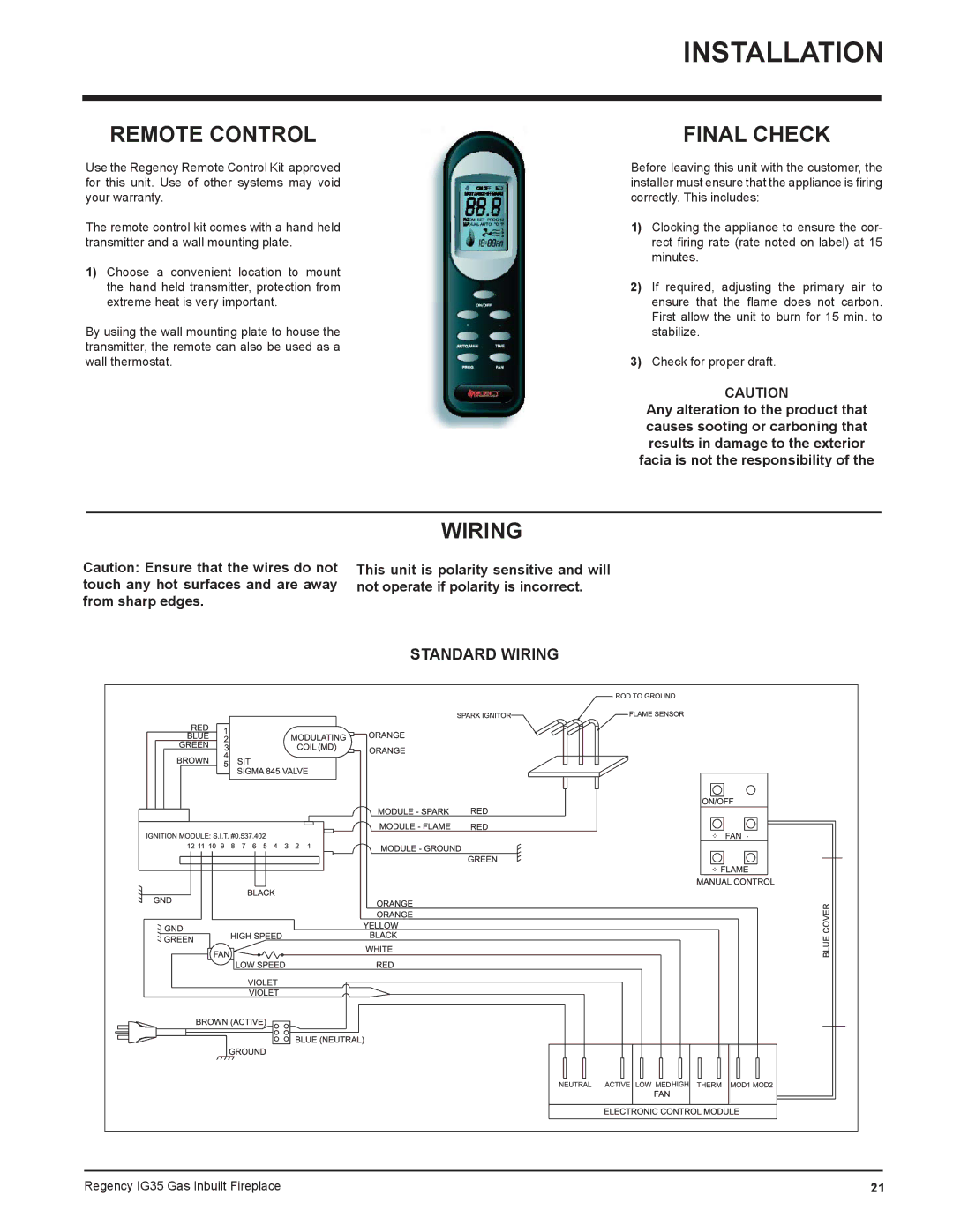 Regency IG35-LPG, IG35-NG, IG35-ULPG installation manual Remote Control, Final Check, Wiring 