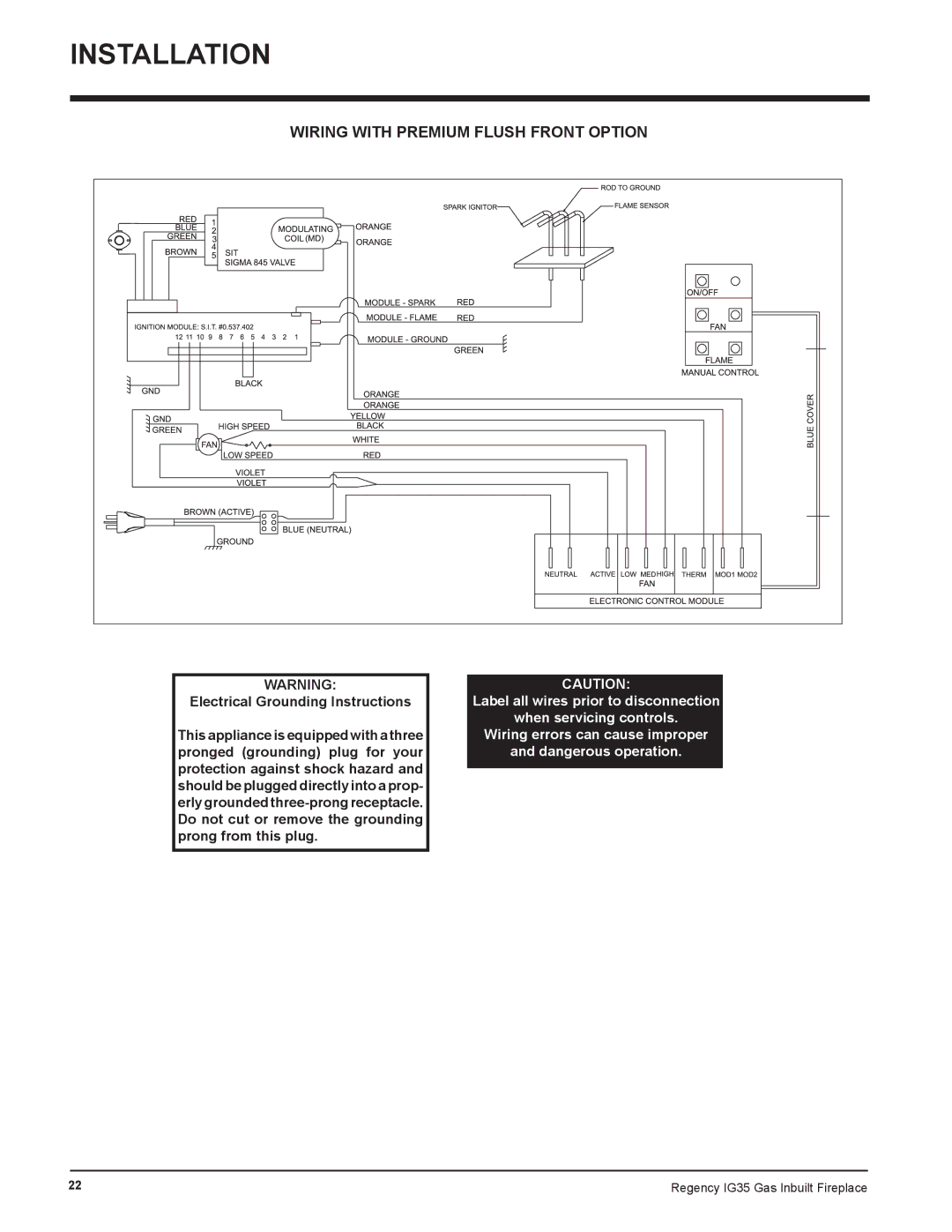 Regency IG35-NG, IG35-LPG, IG35-ULPG installation manual Wiring with Premium Flush Front Option 