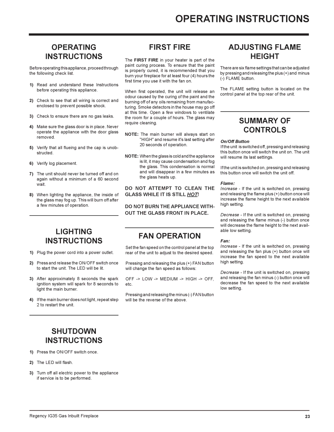 Regency IG35-ULPG, IG35-LPG, IG35-NG installation manual Operating Instructions 