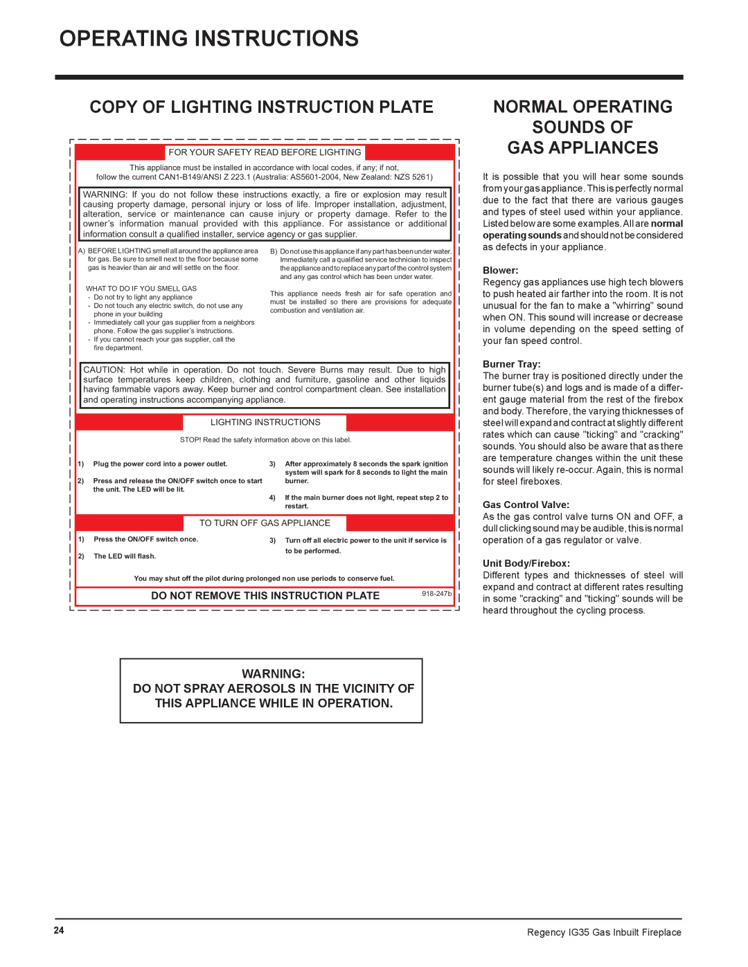 Regency IG35-LPG, IG35-NG, IG35-ULPG Copy of Lighting Instruction Plate, Normal Operating Sounds GAS Appliances 