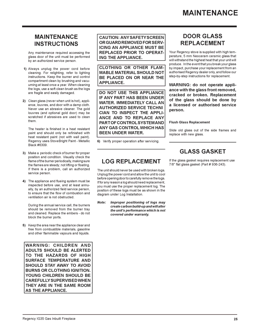 Regency IG35-NG, IG35-LPG, IG35-ULPG Maintenance Instructions, Door Glass Replacement, LOG Replacement, Glass Gasket 