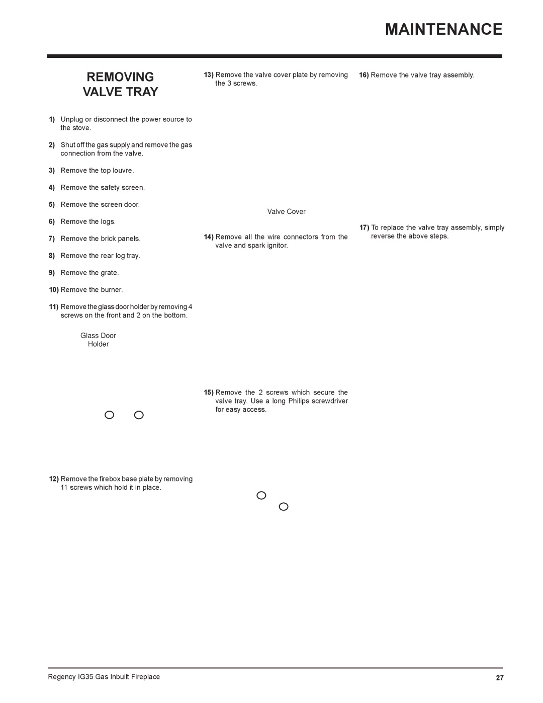 Regency IG35-LPG, IG35-NG, IG35-ULPG installation manual Removing Valve Tray 