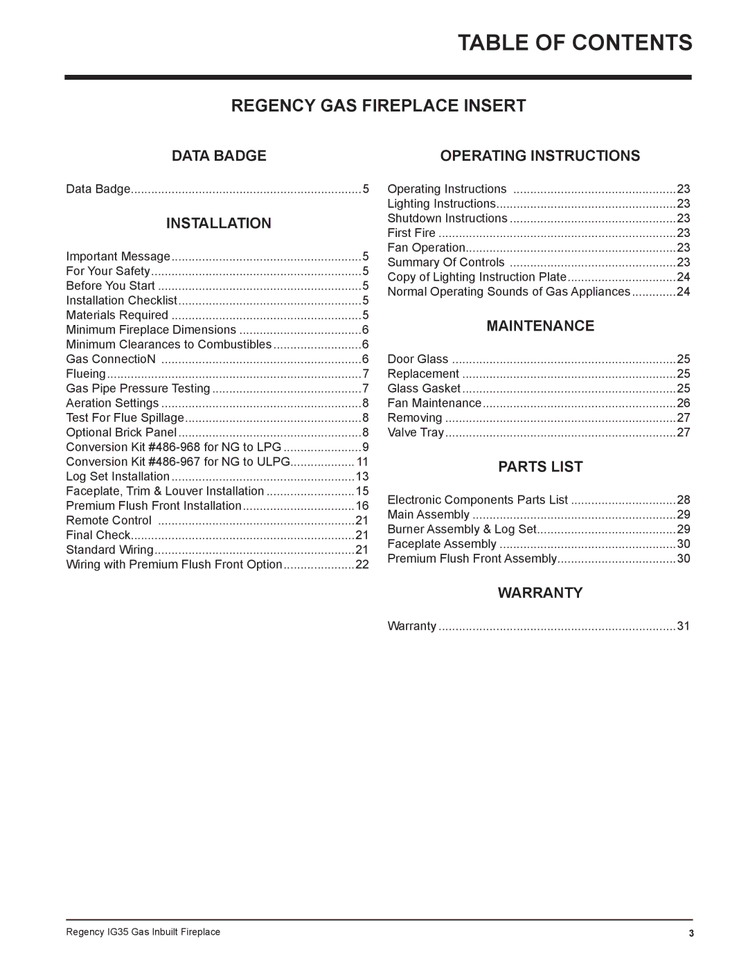 Regency IG35-LPG, IG35-NG, IG35-ULPG installation manual Table of Contents 