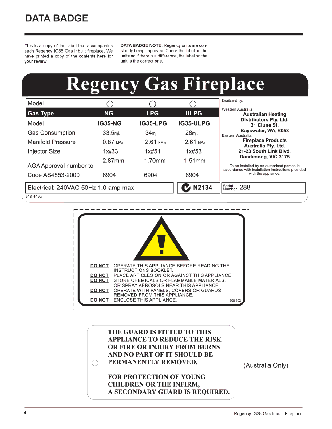 Regency IG35-NG, IG35-LPG, IG35-ULPG installation manual Data Badge 