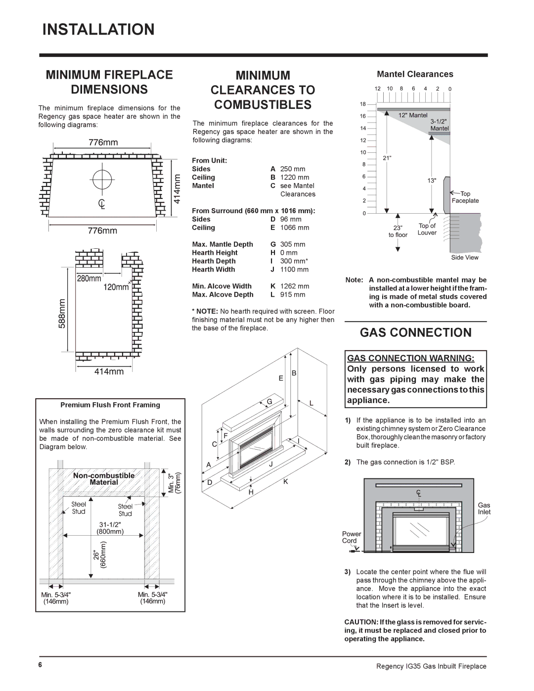 Regency IG35-LPG, IG35-NG, IG35-ULPG Minimum Fireplace Dimensions, Minimum Clearances to Combustibles, GAS Connection 