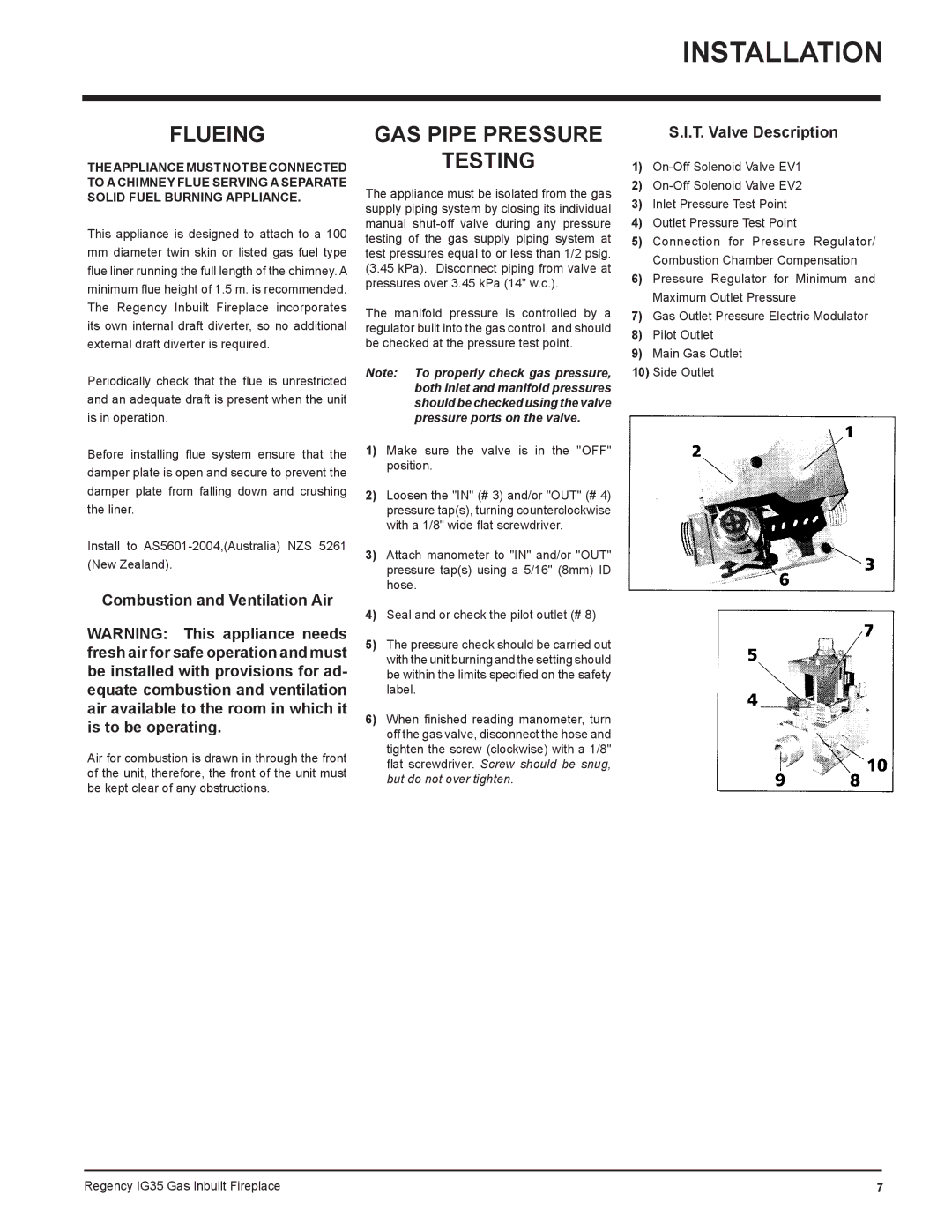 Regency IG35-NG, IG35-LPG, IG35-ULPG installation manual Flueing, GAS Pipe Pressure Testing 