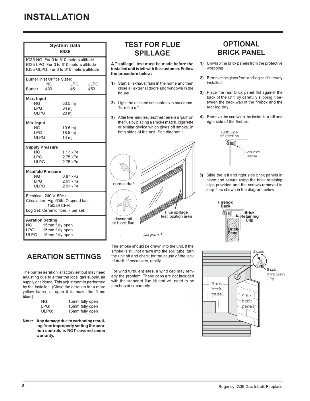 Regency IG35-ULPG, IG35-LPG, IG35-NG installation manual Aeration Settings, Max. Input, Min. Input, Supply Pressure 