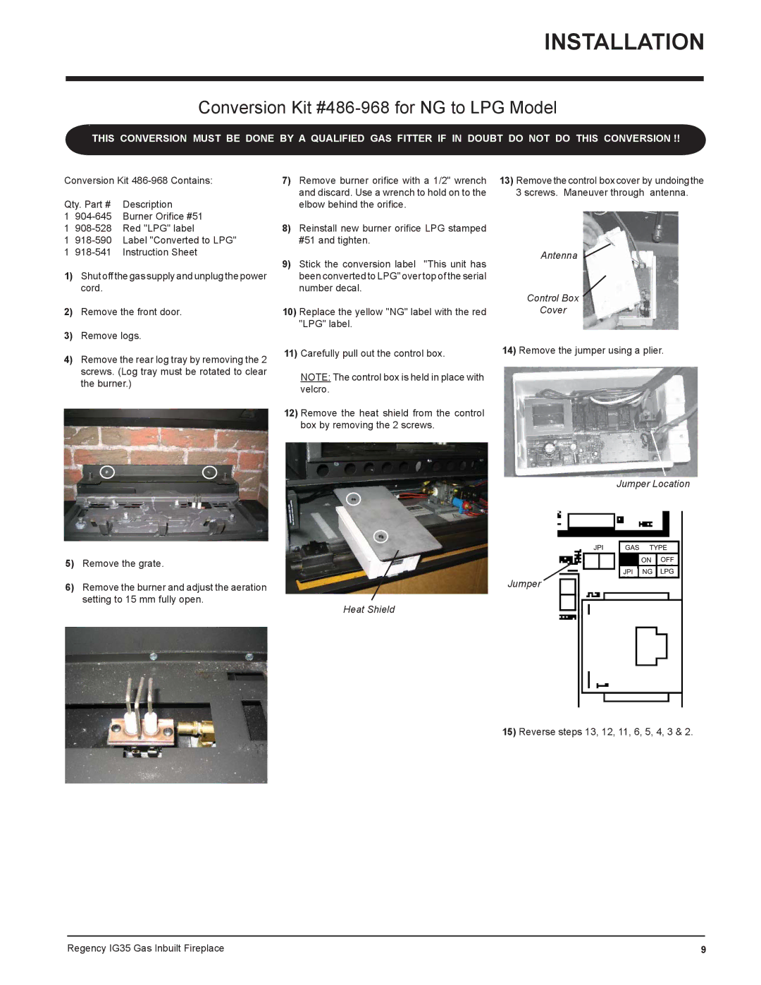 Regency IG35-LPG, IG35-NG, IG35-ULPG installation manual Antenna Control Box Cover, Jumper Location Heat Shield 