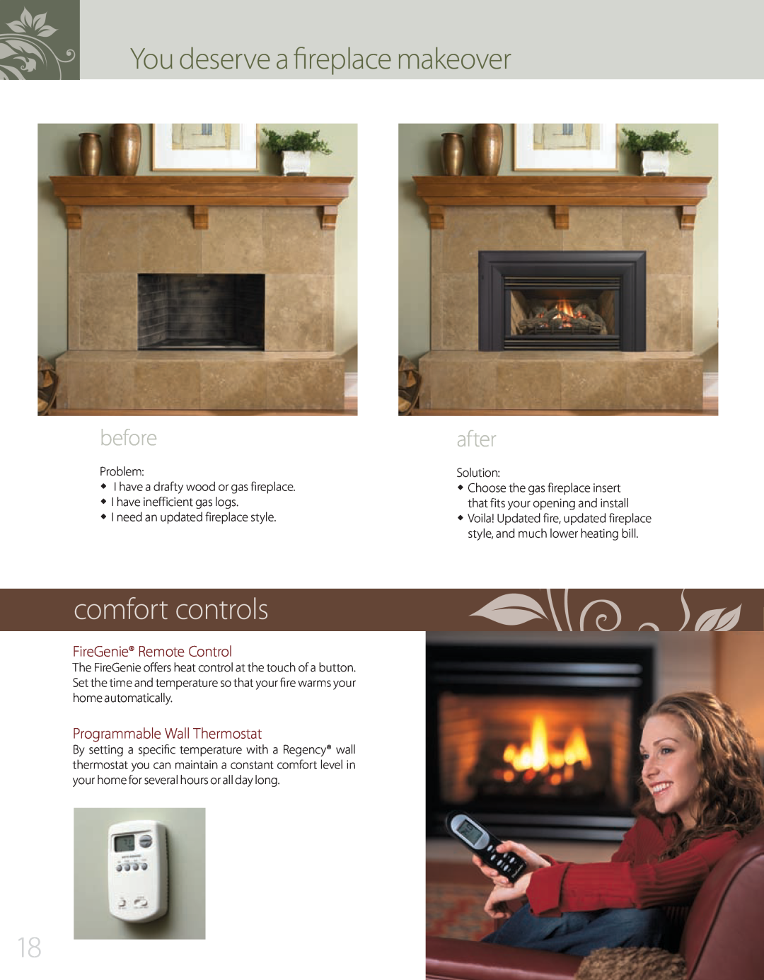 Regency L234, 944-072 manual You deserve a fireplace makeover, comfort controls, before, after, FireGenie Remote Control 