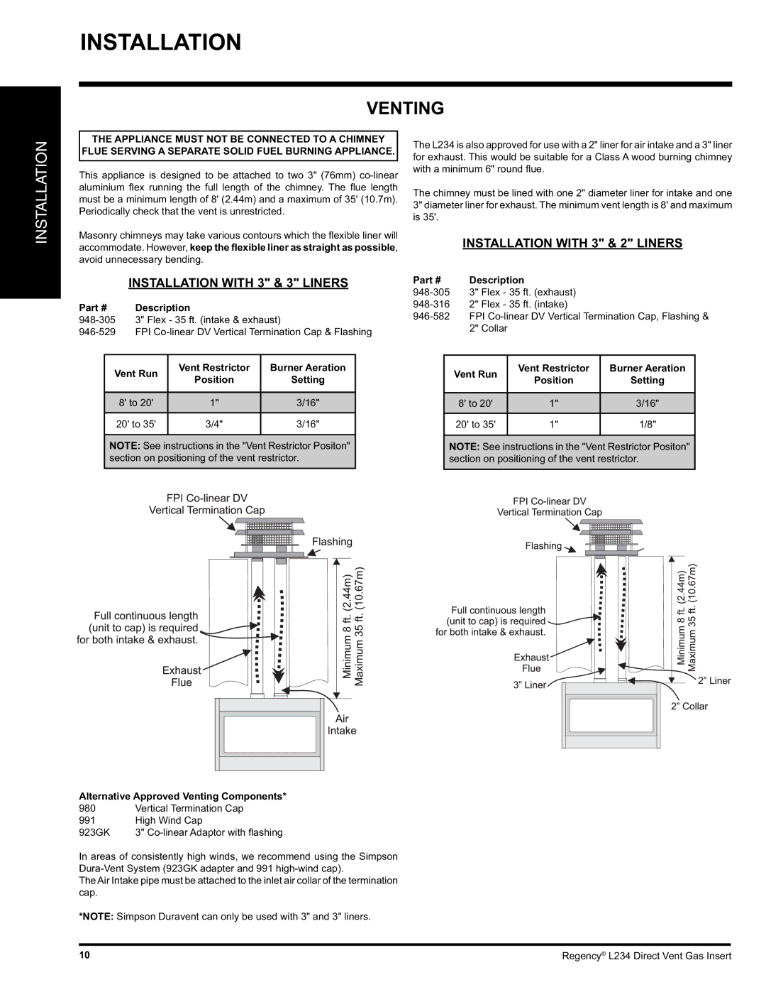 Regency L234-LP, L234-NG installation manual Venting, Installation with 3 & 3 Liners 