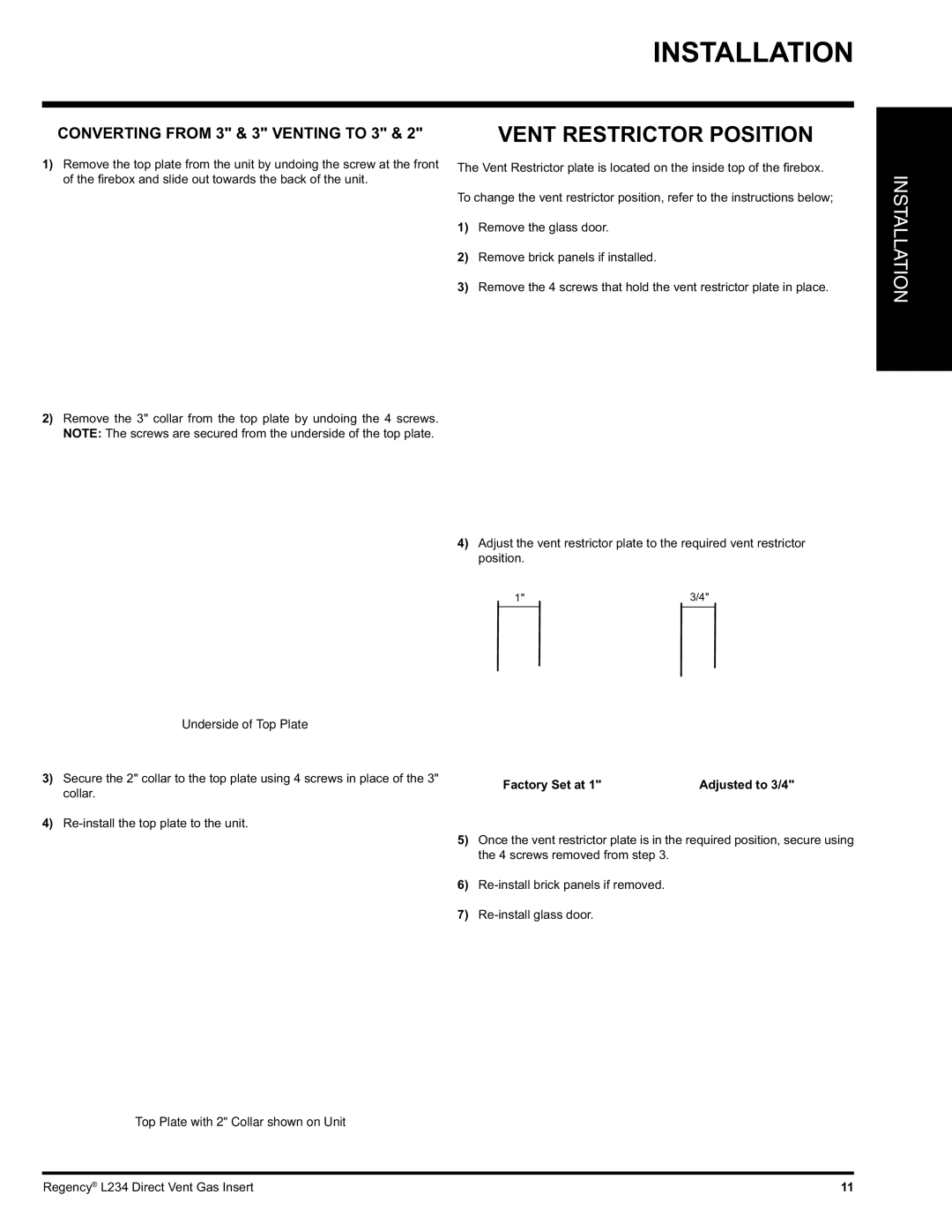 Regency L234-NG, L234-LP installation manual Vent Restrictor Position, Converting from 3 & 3 Venting to 3 