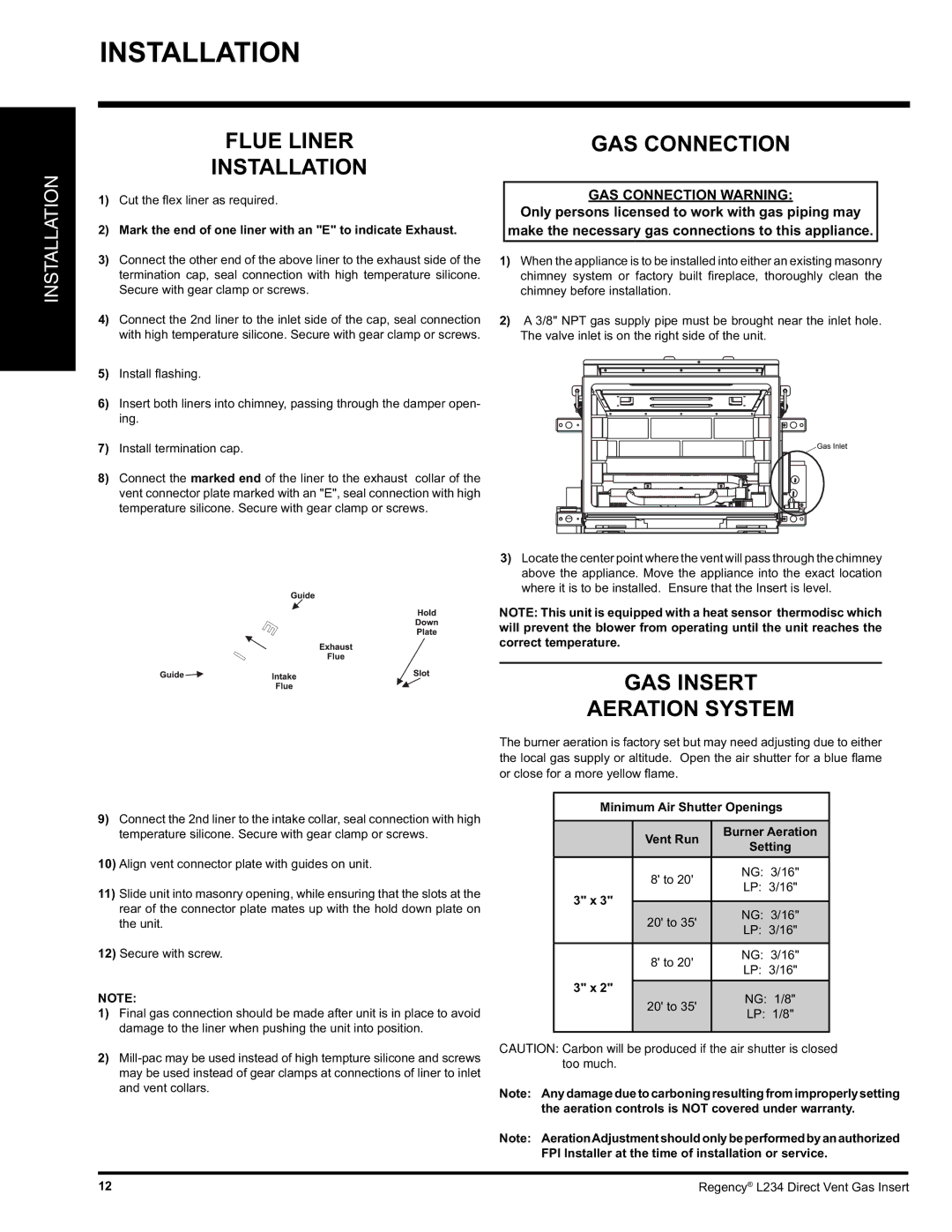 Regency L234-LP, L234-NG installation manual GAS Insert Aeration System, Flue Liner GAS Connection Installation 