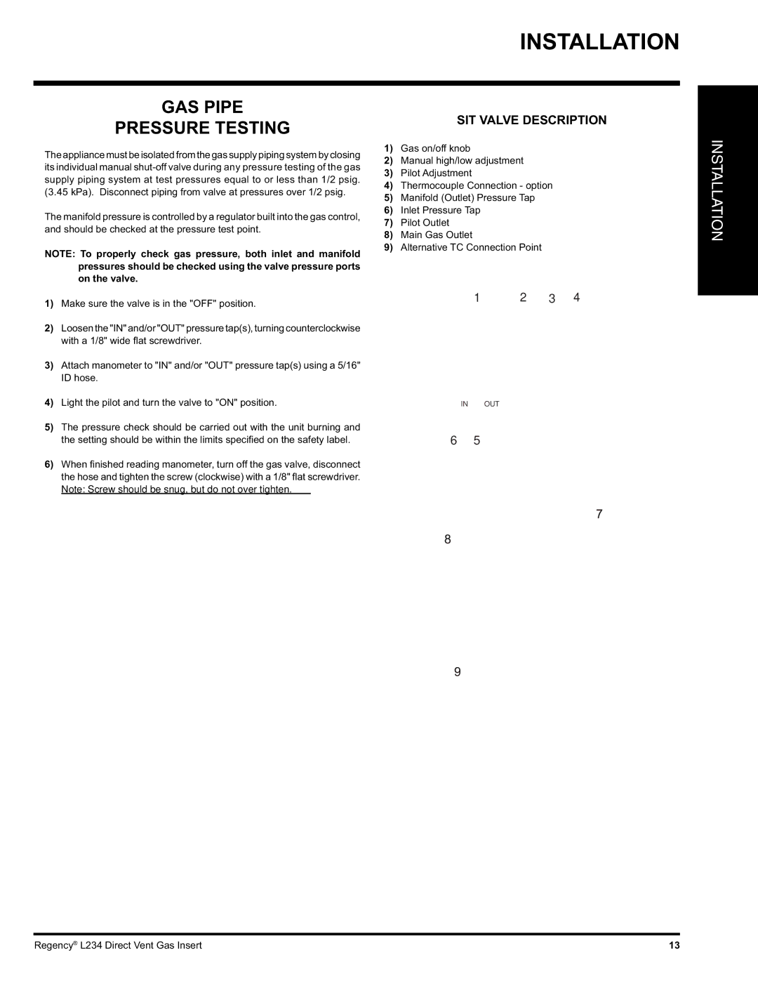 Regency L234-NG, L234-LP installation manual GAS Pipe Pressure Testing, SIT Valve Description 