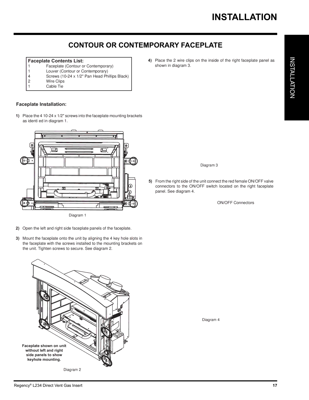 Regency L234-NG, L234-LP installation manual Contour or Contemporary Faceplate, Faceplate Contents List 