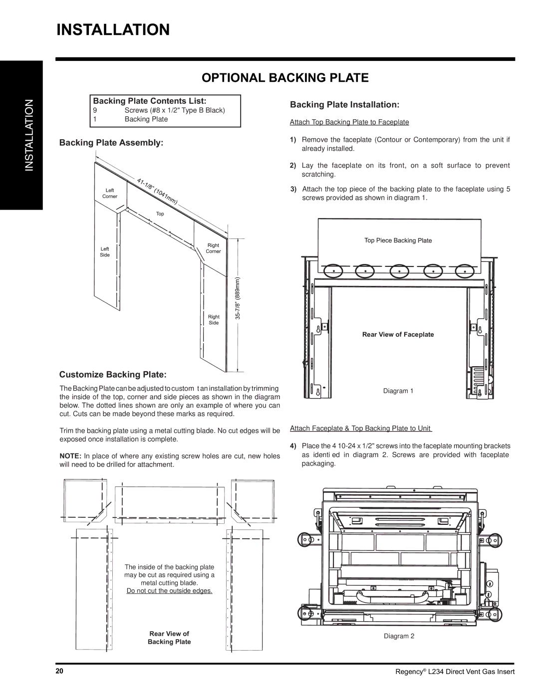 Regency L234-LP, L234-NG installation manual Optional Backing Plate, Attach Top Backing Plate to Faceplate 