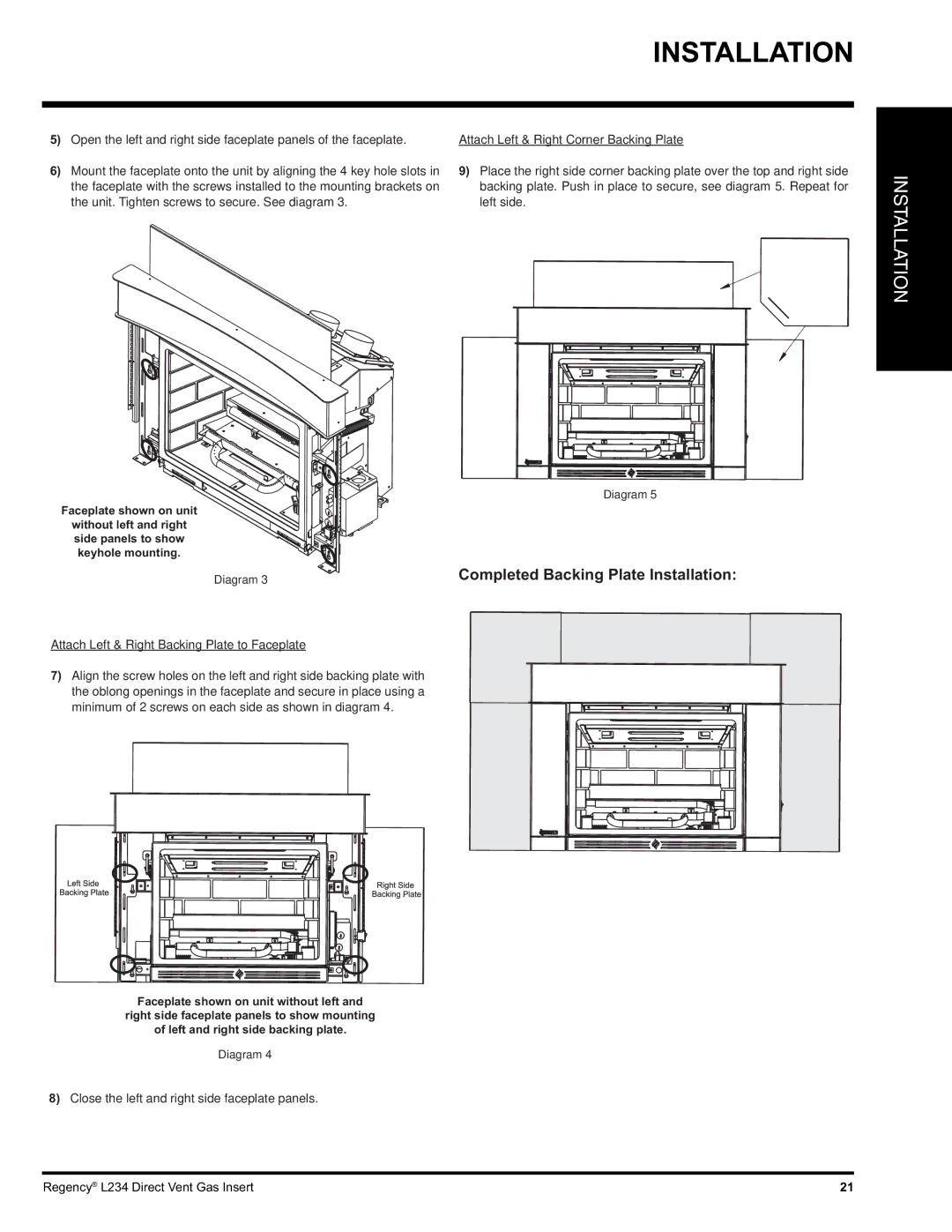 Regency L234-NG, L234-LP Attach Left & Right Corner Backing Plate, Attach Left & Right Backing Plate to Faceplate 