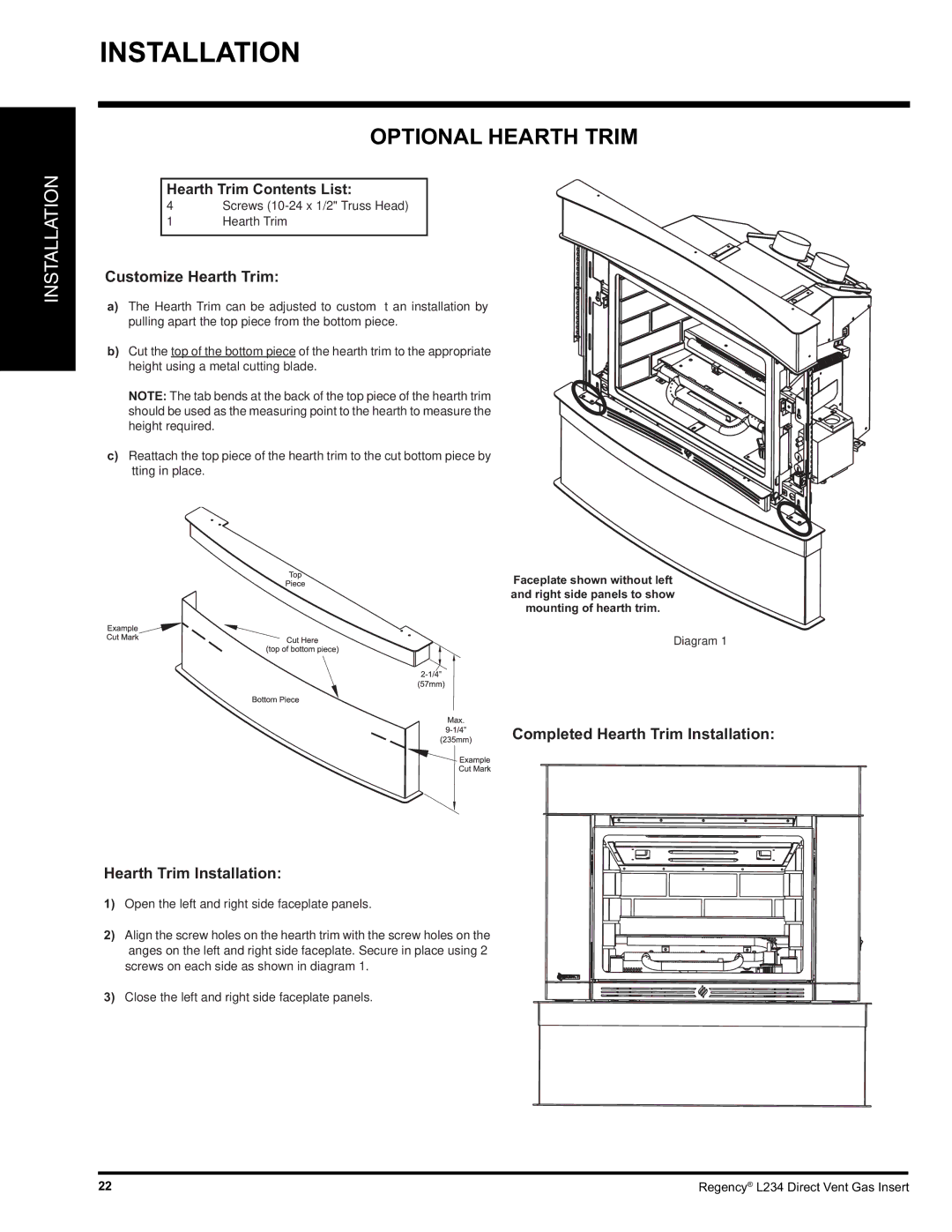 Regency L234-LP, L234-NG installation manual Optional Hearth Trim, Customize Hearth Trim 